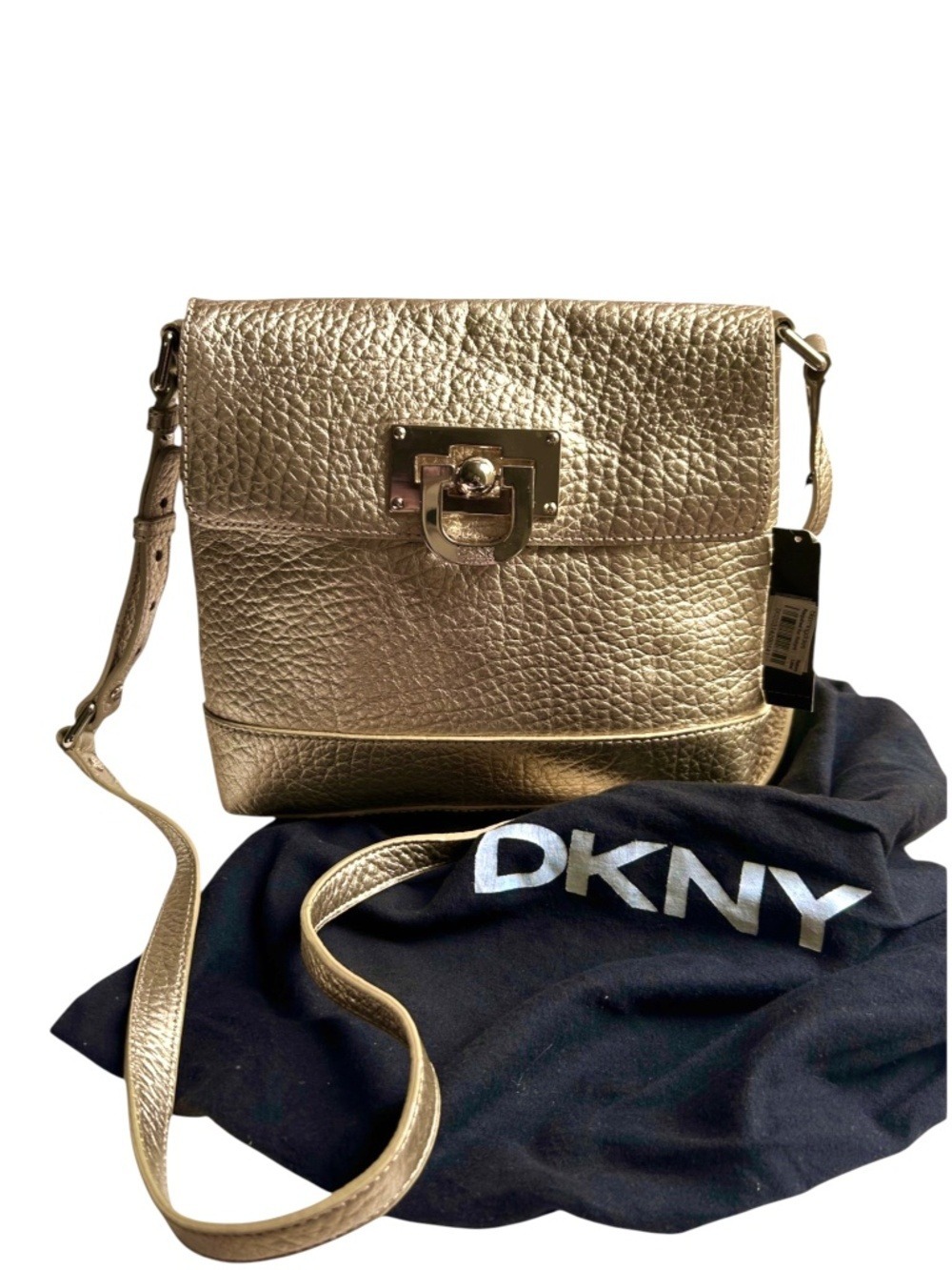 NWT DKNY Donna Karan New York French Grain Leather Crossbody Gold Dust Cover